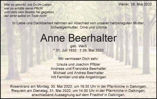 Traueranzeige von Anne Beerhalter von Schwäbische Post