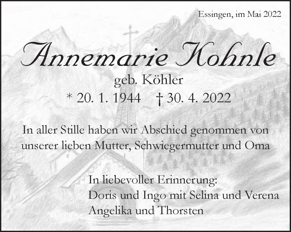  Traueranzeige für Annemarie Kohnle vom 14.05.2022 aus Schwäbische Post