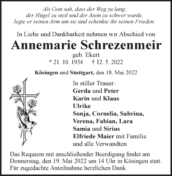 Traueranzeige von Annemarie Schrezenmeir von Schwäbische Post