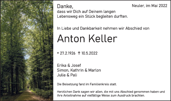 Traueranzeige von Anton Keller von Schwäbische Post