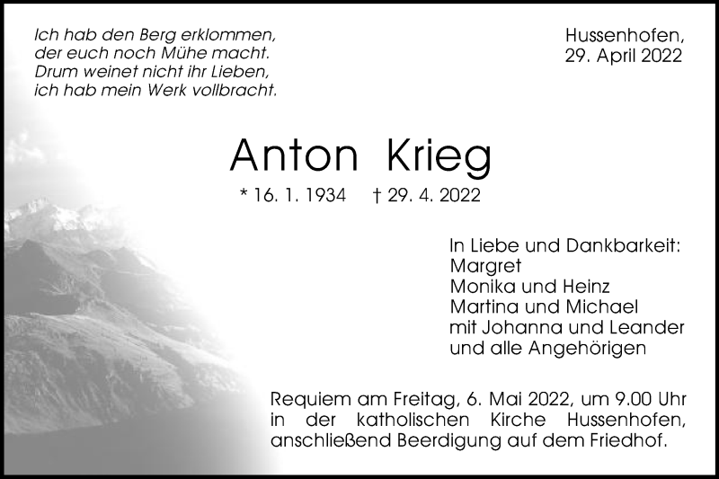  Traueranzeige für Anton Krieg vom 03.05.2022 aus Gmünder Tagespost