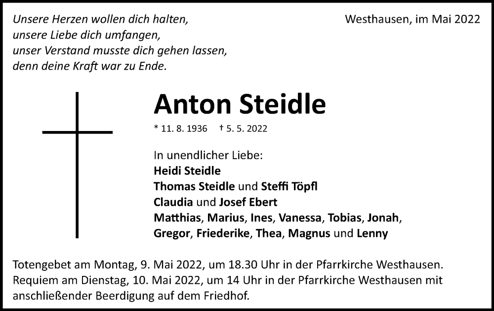  Traueranzeige für Anton Steidle vom 07.05.2022 aus Schwäbische Post