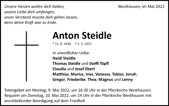 Traueranzeige von Anton Steidle von Schwäbische Post