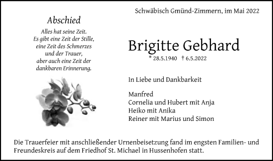 Traueranzeige von Brigitte Gebhard von Gmünder Tagespost