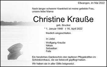 Traueranzeige von Christine Krauße von Schwäbische Post