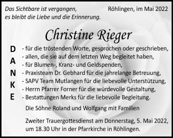 Traueranzeige von Christine Rieger von Schwäbische Post