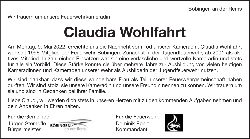  Traueranzeige für Claudia Wohlfahrt vom 14.05.2022 aus Gmünder Tagespost