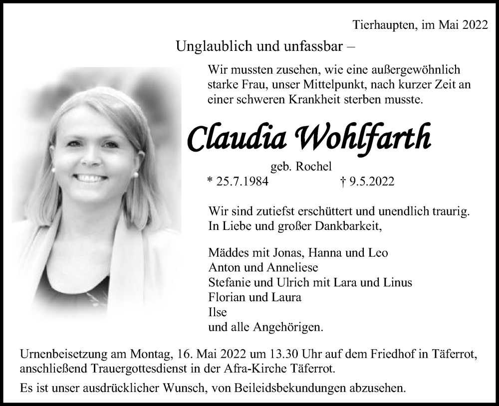  Traueranzeige für Claudia Wohlfarth vom 12.05.2022 aus Gmünder Tagespost