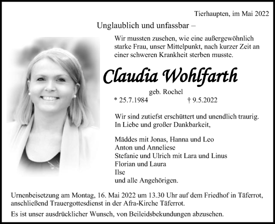 Traueranzeige von Claudia Wohlfarth