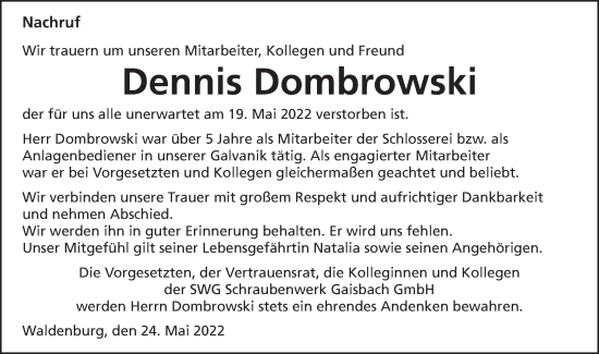 Traueranzeige von Dennis Dombrowski von Schwäbische Post