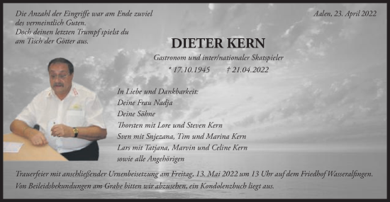 Traueranzeige von Dieter Kern von Schwäbische Post