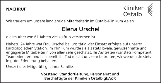 Traueranzeige von Elena Urschel von Schwäbische Post