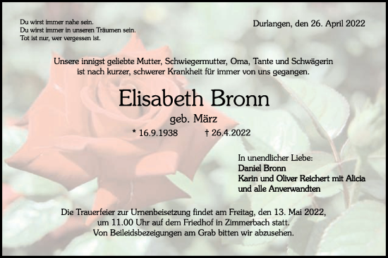 Traueranzeige von Elisabeth Bronn von Gmünder Tagespost