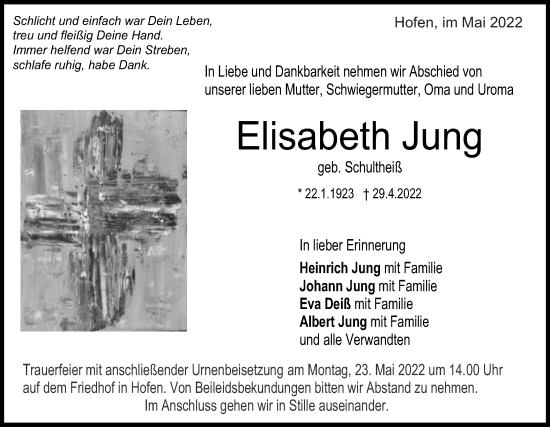 Traueranzeige von Elisabeth Jung von Schwäbische Post