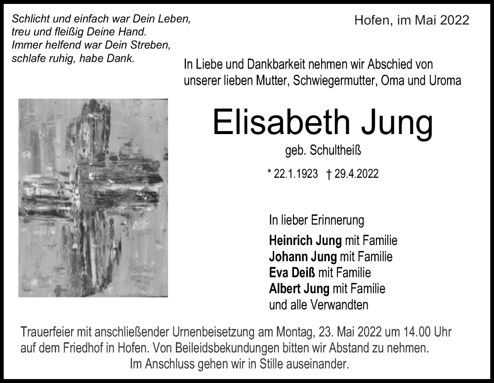  Traueranzeige für Elisabeth Jung vom 19.05.2022 aus Schwäbische Post