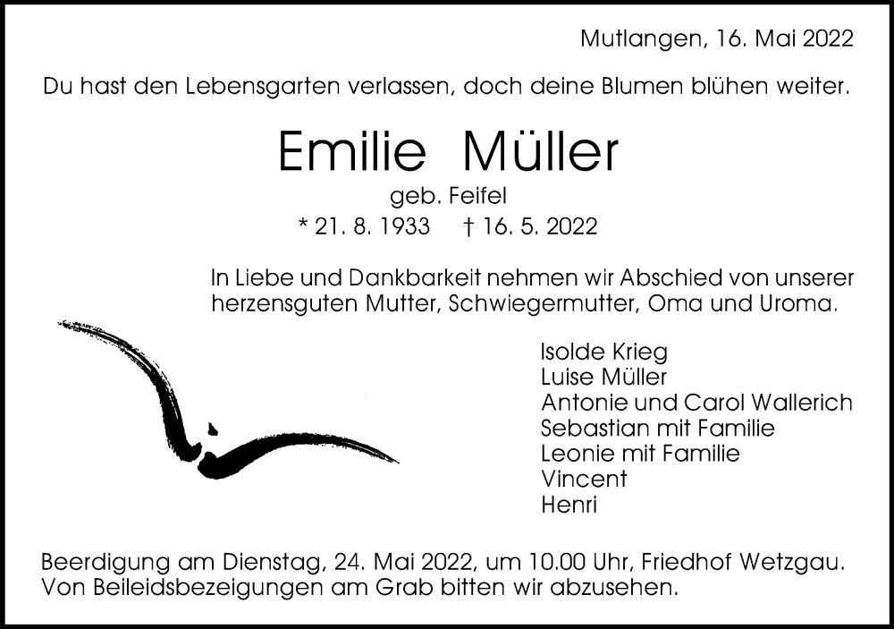  Traueranzeige für Emilie Müller vom 21.05.2022 aus Gmünder Tagespost