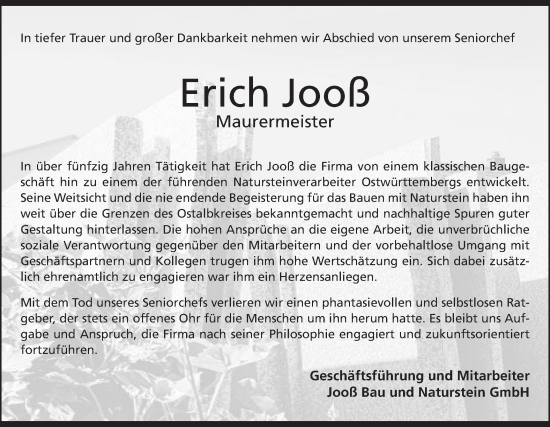 Traueranzeige von Erich Jooß von Schwäbische Post