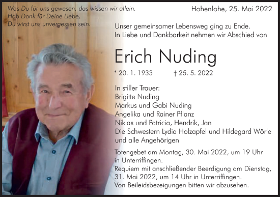 Traueranzeige von Erich Nuding von Schwäbische Post