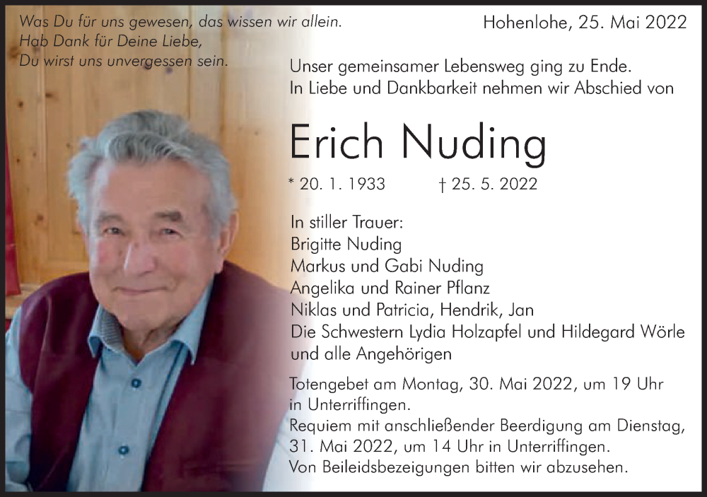  Traueranzeige für Erich Nuding vom 30.05.2022 aus Schwäbische Post