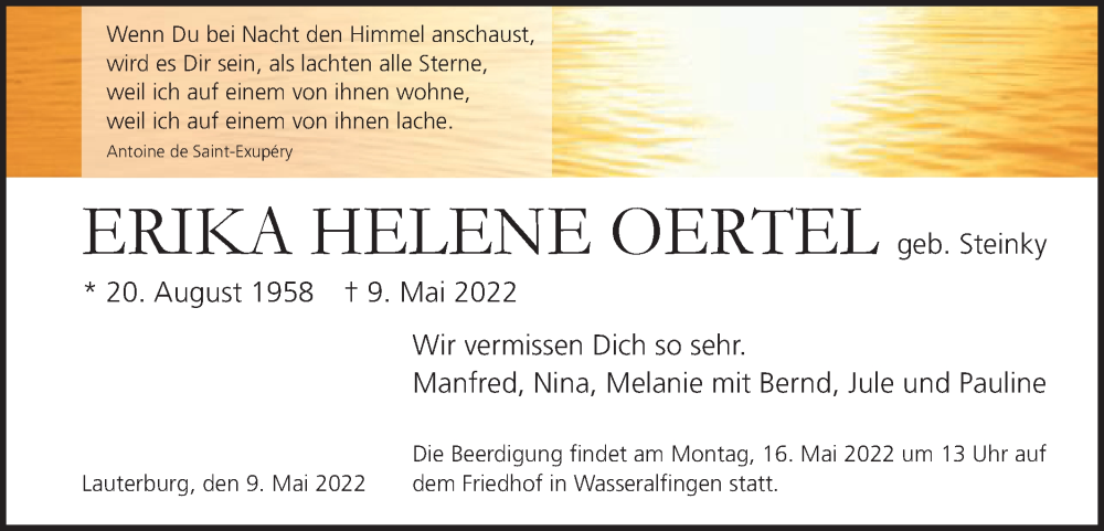  Traueranzeige für Erika Helene Oertel vom 13.05.2022 aus Schwäbische Post