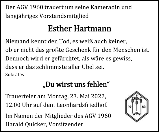 Traueranzeige von Esther Hartmann von Gmünder Tagespost