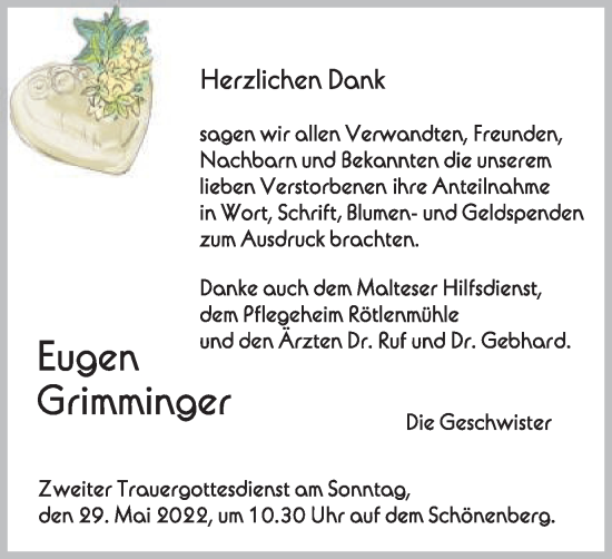 Traueranzeige von Eugen Grimminger von Schwäbische Post