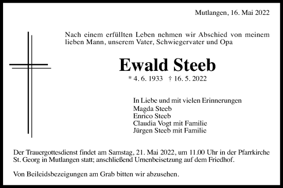 Traueranzeige von Ewald Steeb von Gmünder Tagespost