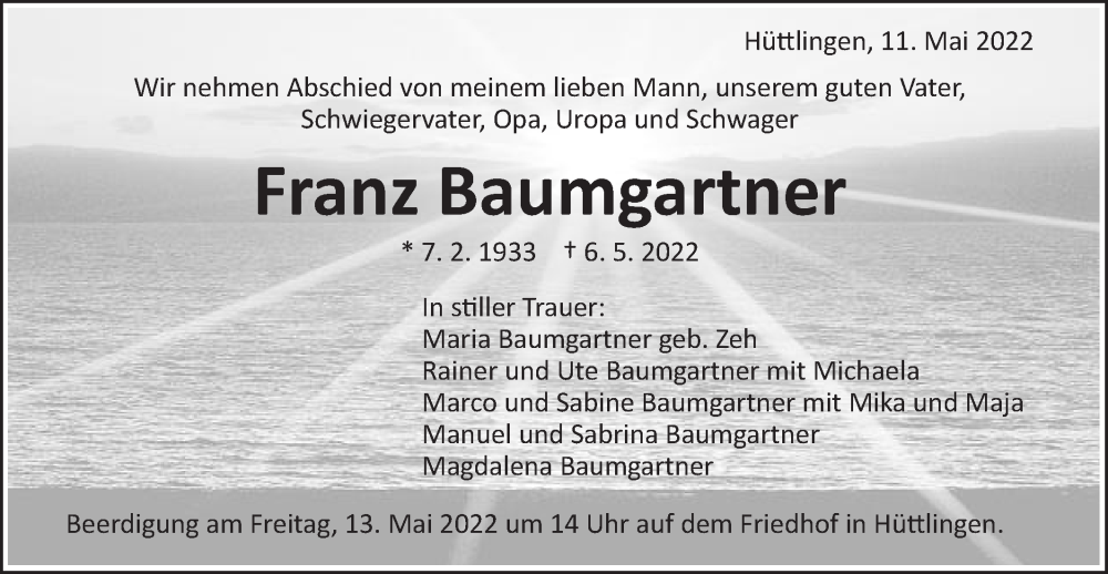  Traueranzeige für Franz Baumgartner vom 11.05.2022 aus Schwäbische Post