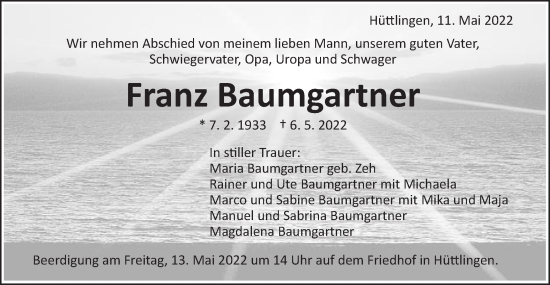 Traueranzeige von Franz Baumgartner von Schwäbische Post