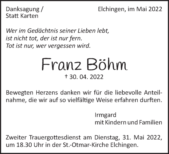 Traueranzeige von Franz Böhm von Schwäbische Post