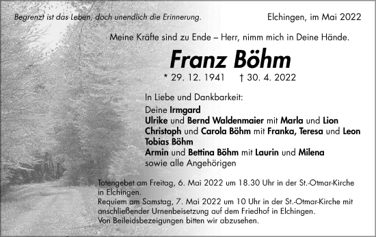 Traueranzeige von Franz Böhm von Schwäbische Post