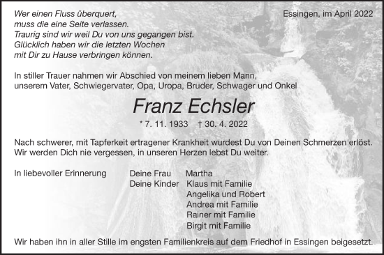 Traueranzeige von Franz Echsler von Schwäbische Post