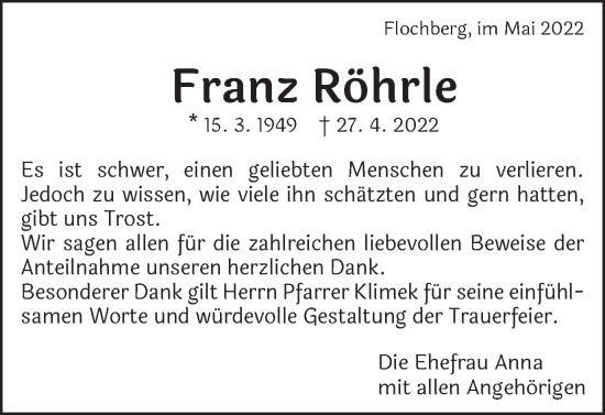 Traueranzeige von Franz Röhrle von Bopfinger Stadtanzeiger