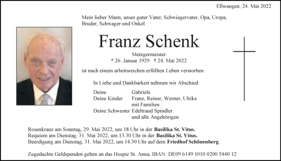 Traueranzeige von Franz Schenk