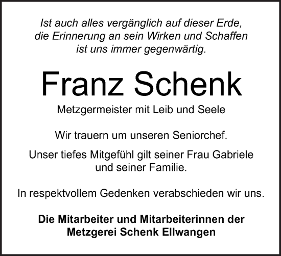 Traueranzeige von Franz Schenk