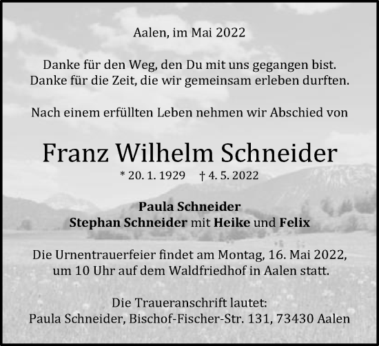 Traueranzeige von Franz Wilhelm Schneider von Schwäbische Post