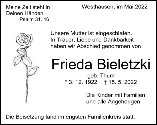 Traueranzeige von Frieda Bieletzki von Schwäbische Post