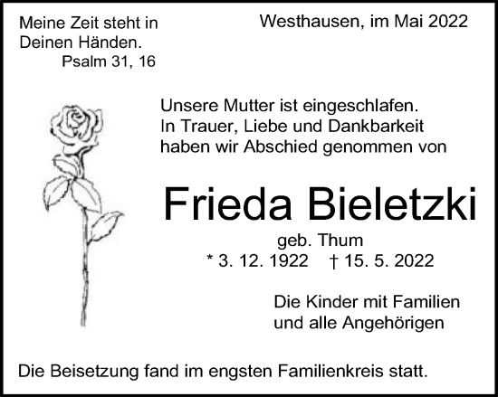 Traueranzeige von Frieda Bieletzki