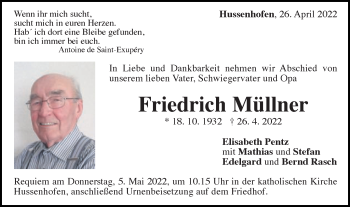 Traueranzeige von Friedrich Müllner von Gmünder Tagespost