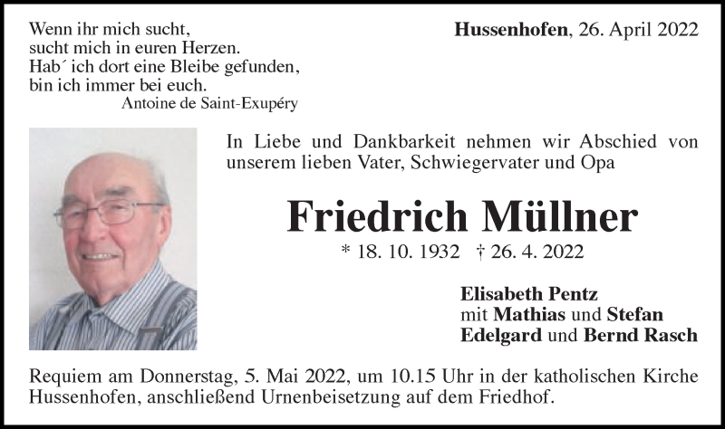  Traueranzeige für Friedrich Müllner vom 02.05.2022 aus Gmünder Tagespost