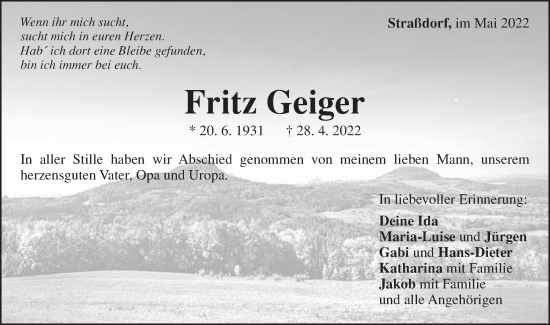 Traueranzeige von Fritz Geiger von Gmünder Tagespost