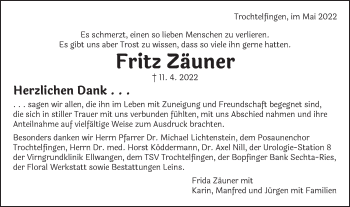 Traueranzeige von Fritz Zäuner von Schwäbische Post
