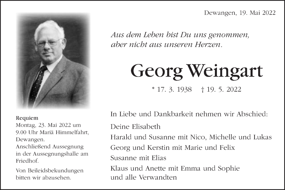  Traueranzeige für Georg Weingart vom 21.05.2022 aus Schwäbische Post