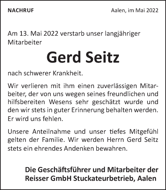 Traueranzeige von Gerd Seitz von Schwäbische Post