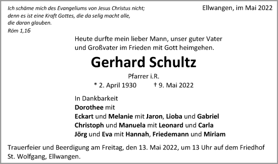 Traueranzeige von Gerhard Schultz