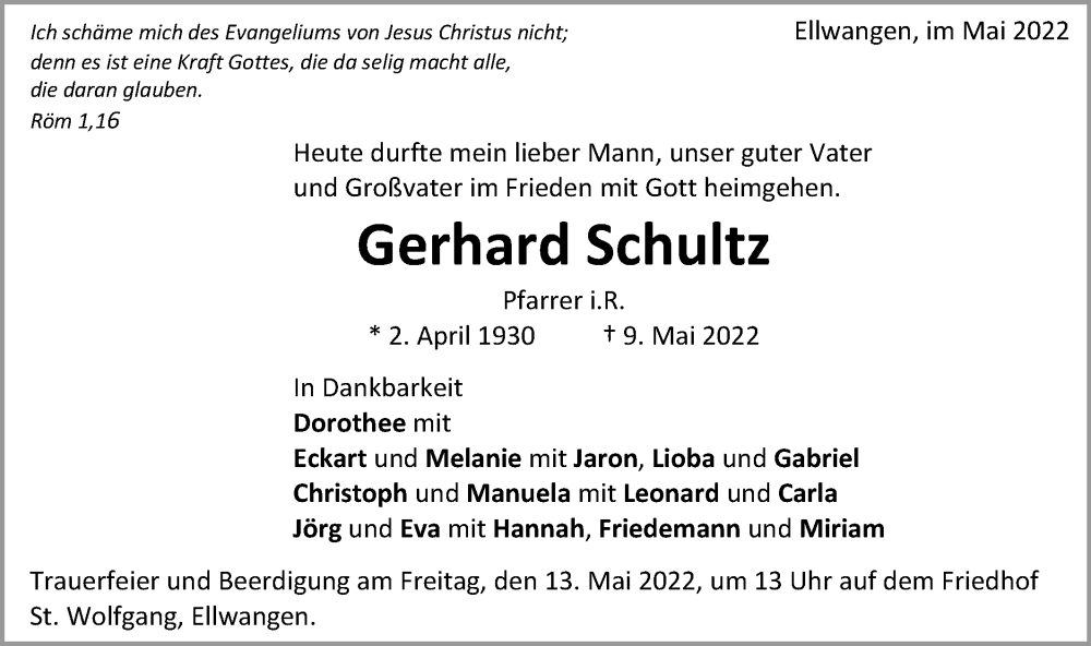  Traueranzeige für Gerhard Schultz vom 11.05.2022 aus Schwäbische Post
