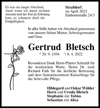 Traueranzeige von Gertrud Bletsch von Gmünder Tagespost