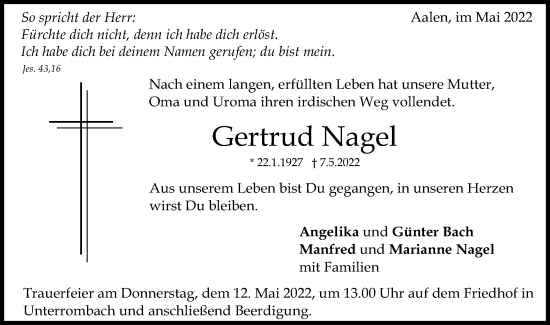 Traueranzeige von Gertrud Nagel von Schwäbische Post