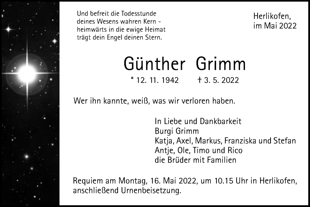  Traueranzeige für Günther Grimm vom 11.05.2022 aus Gmünder Tagespost
