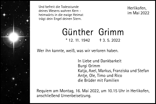 Traueranzeige von Günther Grimm von Gmünder Tagespost